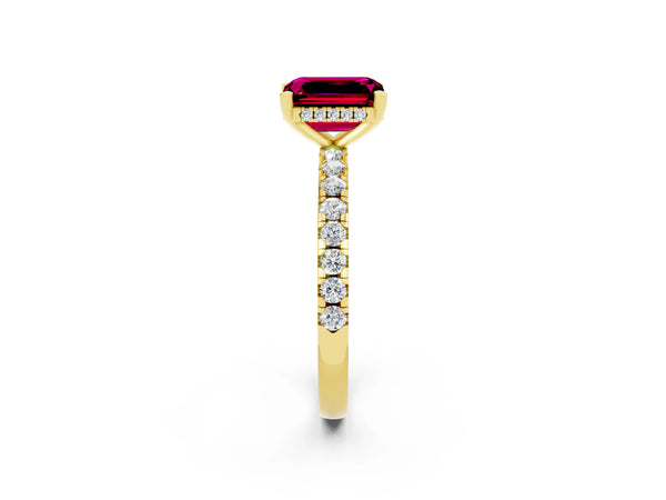 Yellow gold Emerald Cut Garnet Solitaire Ring with Round  Pavé Band and Four-Prong Setting