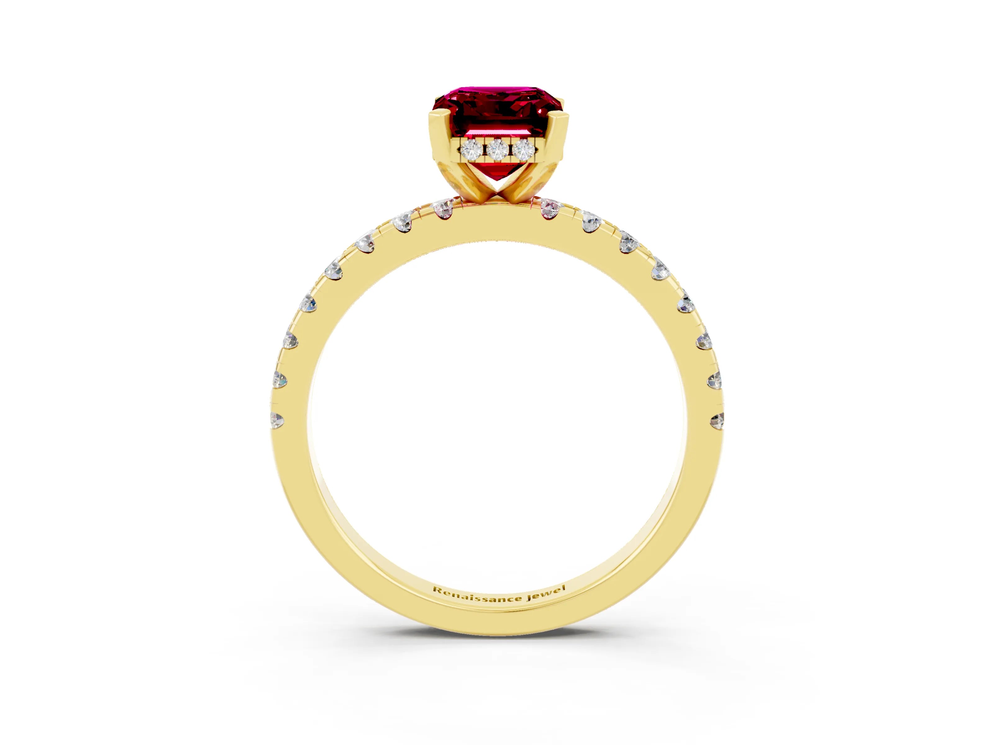 Yellow gold Emerald Cut Garnet Solitaire Ring with Pavé Band and Four-Prong Setting_27