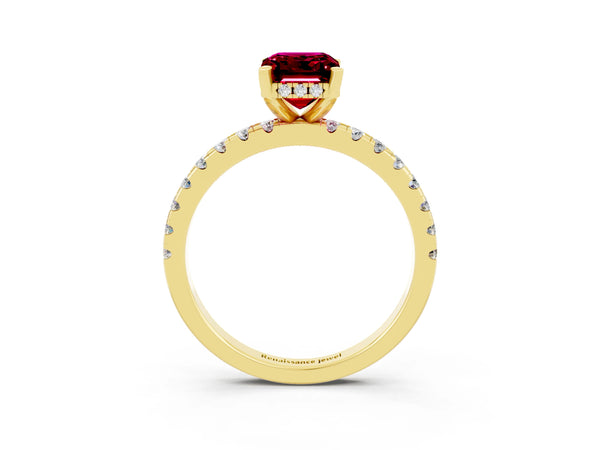 Yellow gold Emerald Cut Garnet Solitaire Ring with Round  Pavé Band and Four-Prong Setting