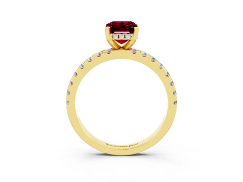 Yellow gold Emerald Cut Garnet Solitaire Ring with Pavé Band and Four-Prong Setting_27