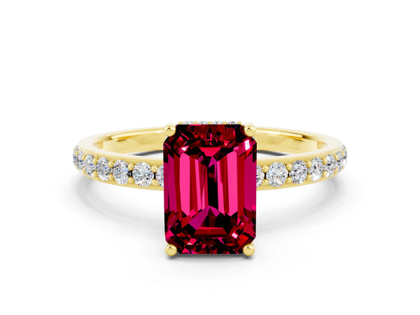 Yellow gold Emerald Cut Garnet Solitaire Ring with Pavé Band and Hidden Halo