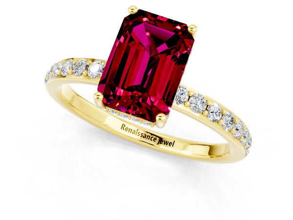 Yellow gold Emerald Cut Garnet Solitaire Ring with Pavé Band and Hidden Halo