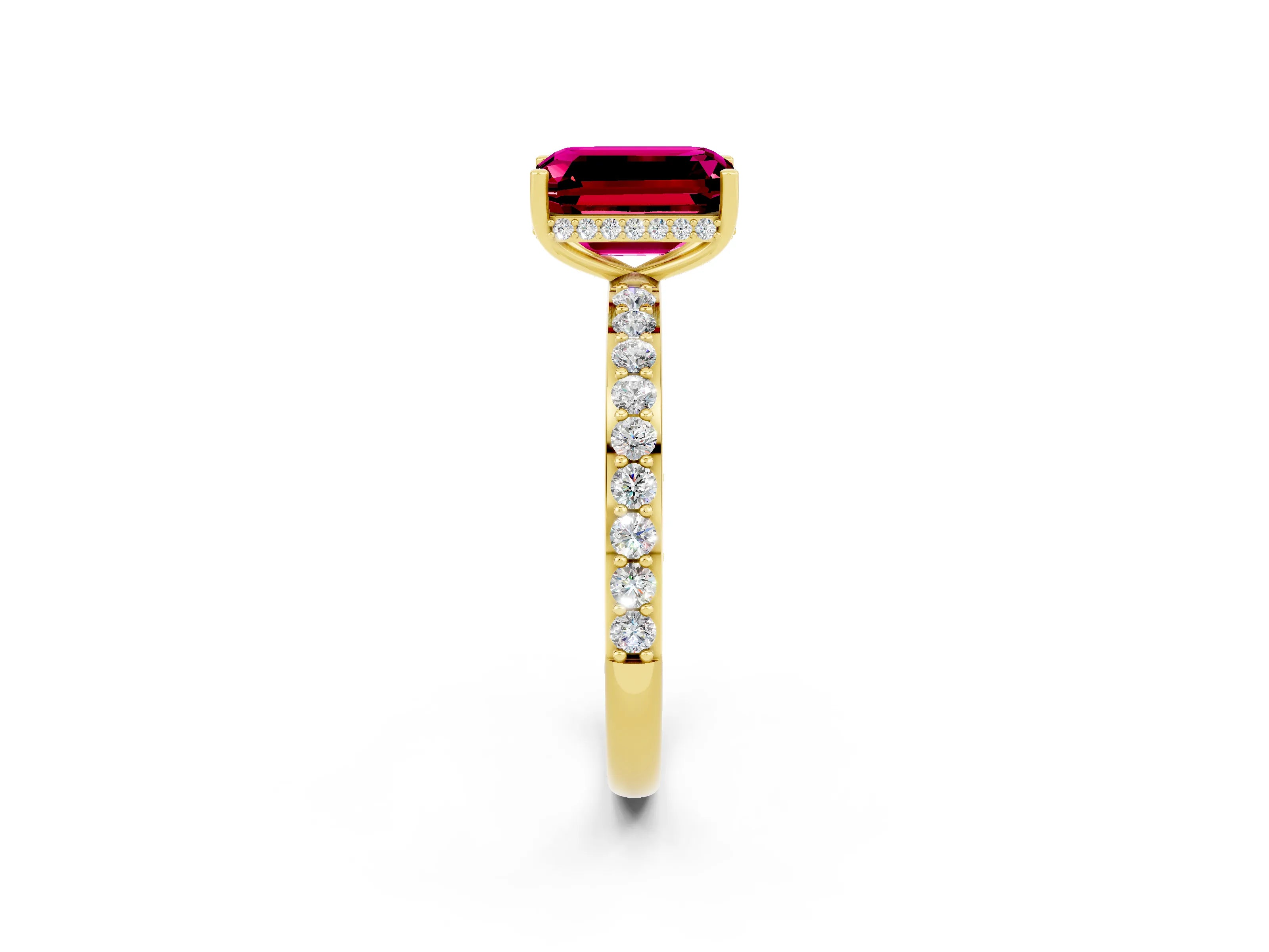 Yellow gold Emerald Cut Garnet Solitaire Ring with Pavé Band and Hidden Halo_14
