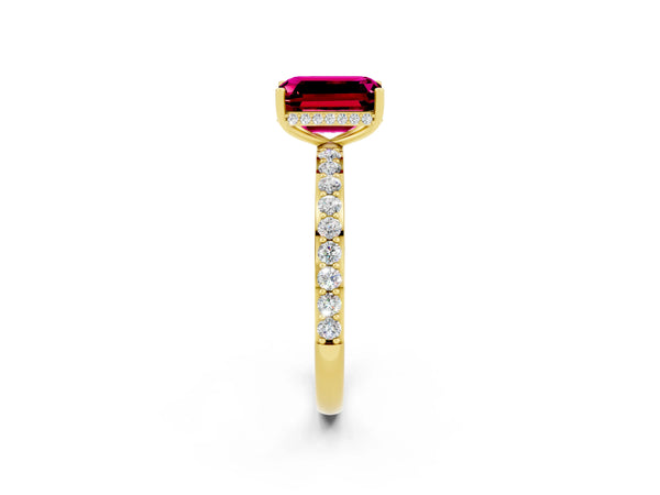 Yellow gold Emerald Cut Garnet Solitaire Ring with Pavé Band and Hidden Halo