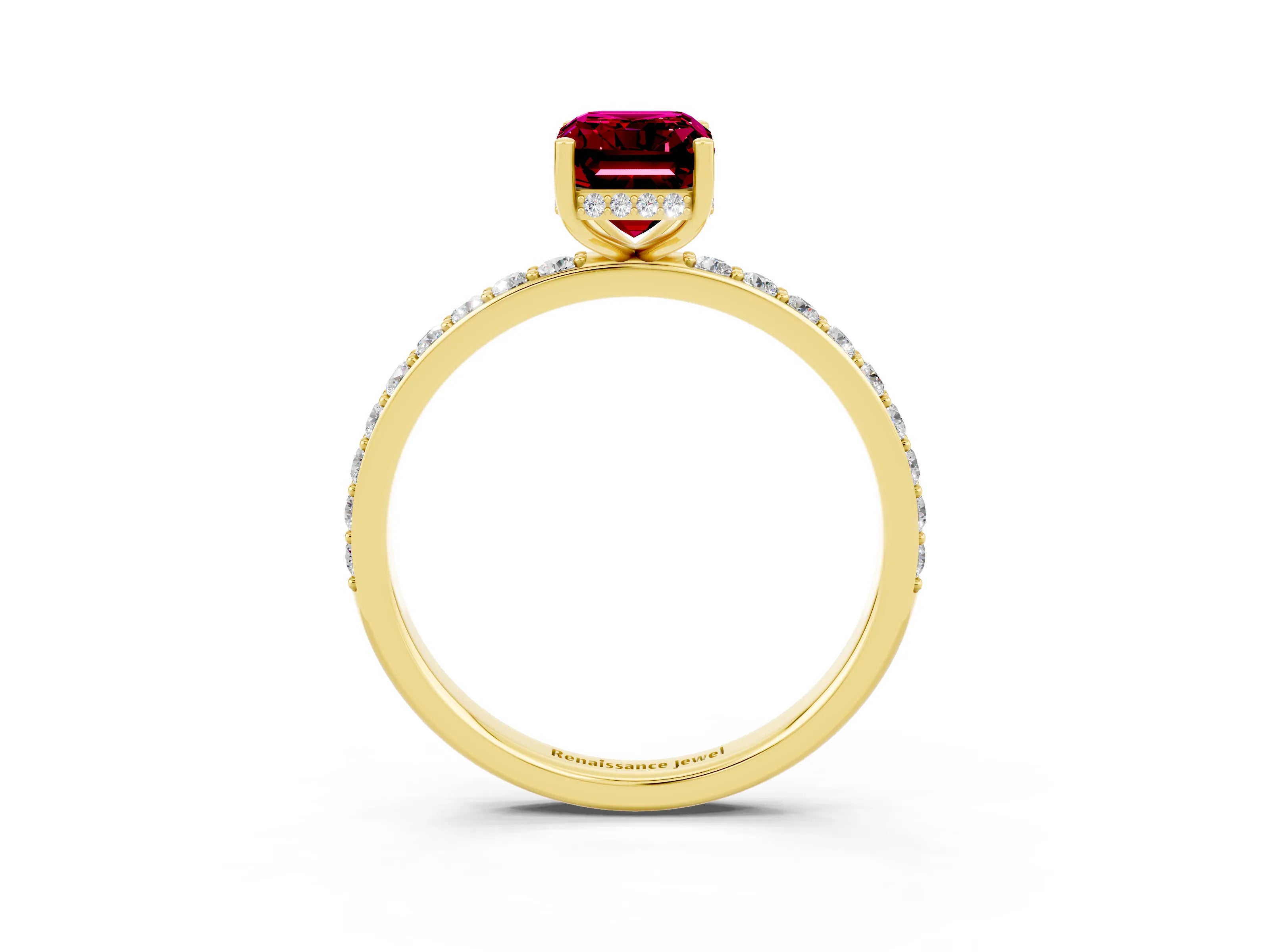 Yellow gold Emerald Cut Garnet Solitaire Ring with Pavé Band and Hidden Halo_15