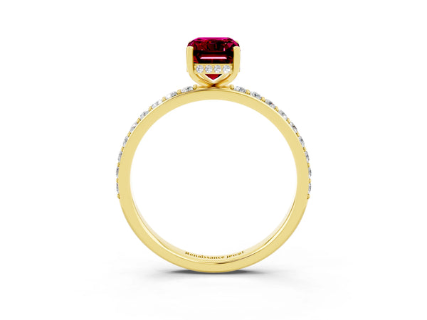Yellow gold Emerald Cut Garnet Solitaire Ring with Pavé Band and Hidden Halo