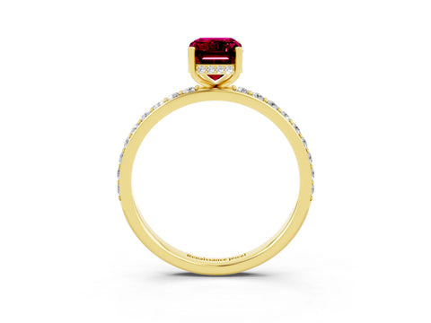 Yellow gold Emerald Cut Garnet Solitaire Ring with Pavé Band and Hidden Halo_15