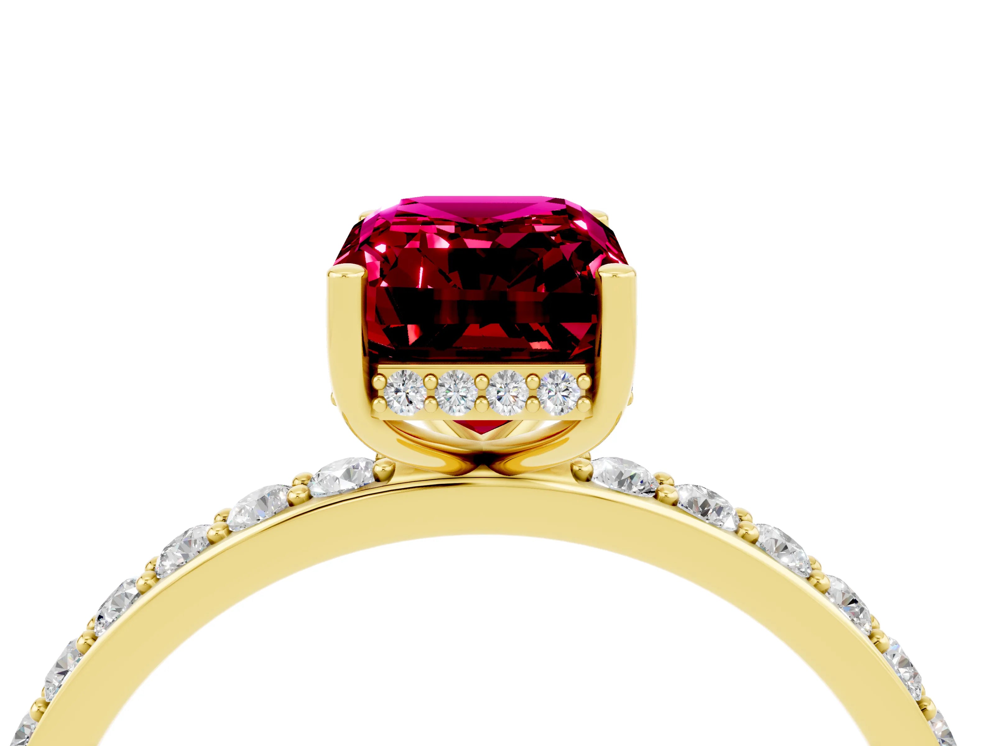 Yellow gold Emerald Cut Garnet Solitaire Ring with Pavé Band and Hidden Halo_16