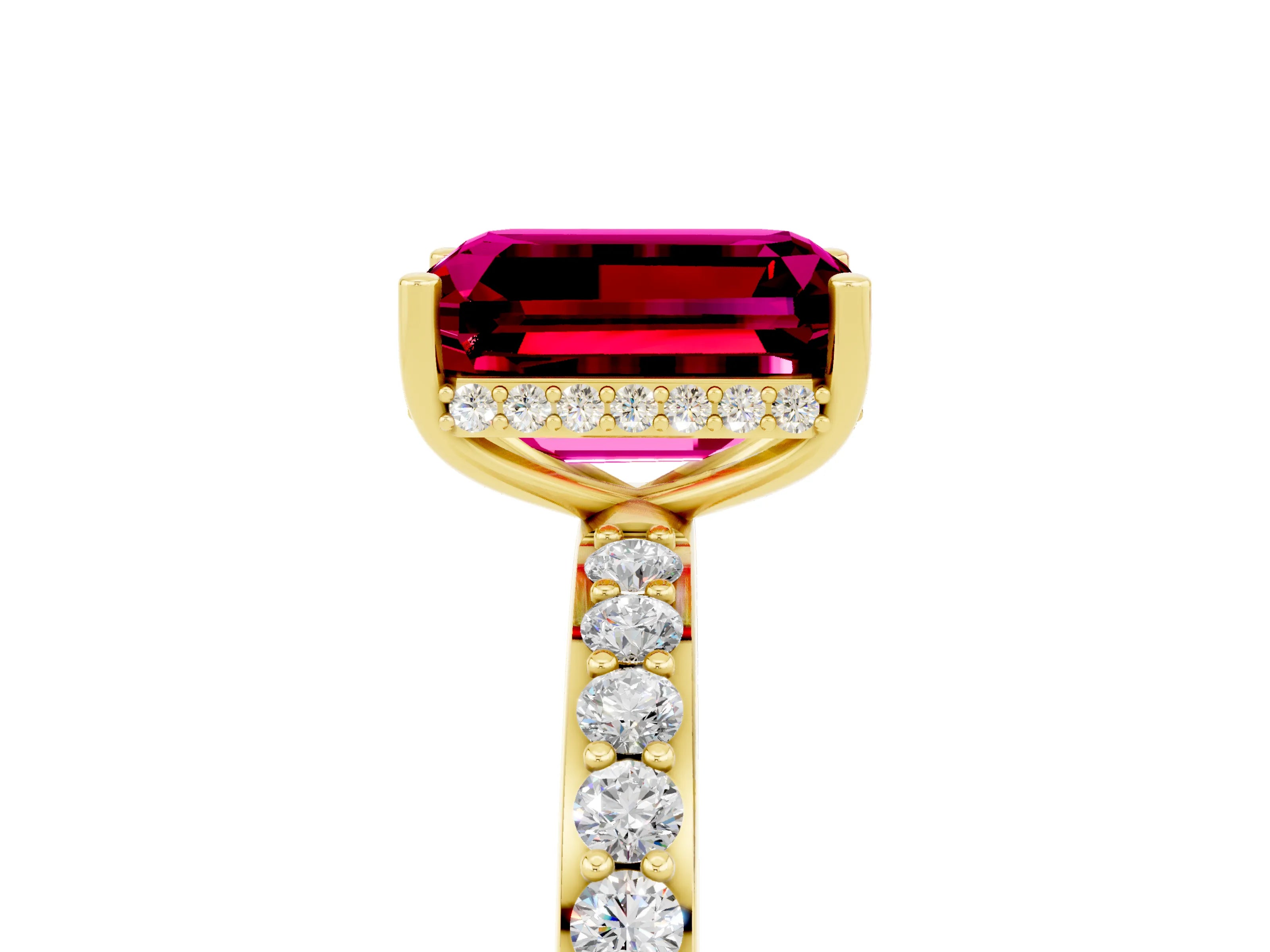 Yellow gold Emerald Cut Garnet Solitaire Ring with Pavé Band and Hidden Halo_17