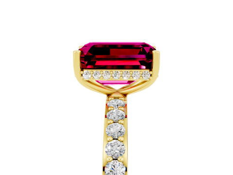 Yellow gold Emerald Cut Garnet Solitaire Ring with Pavé Band and Hidden Halo_17