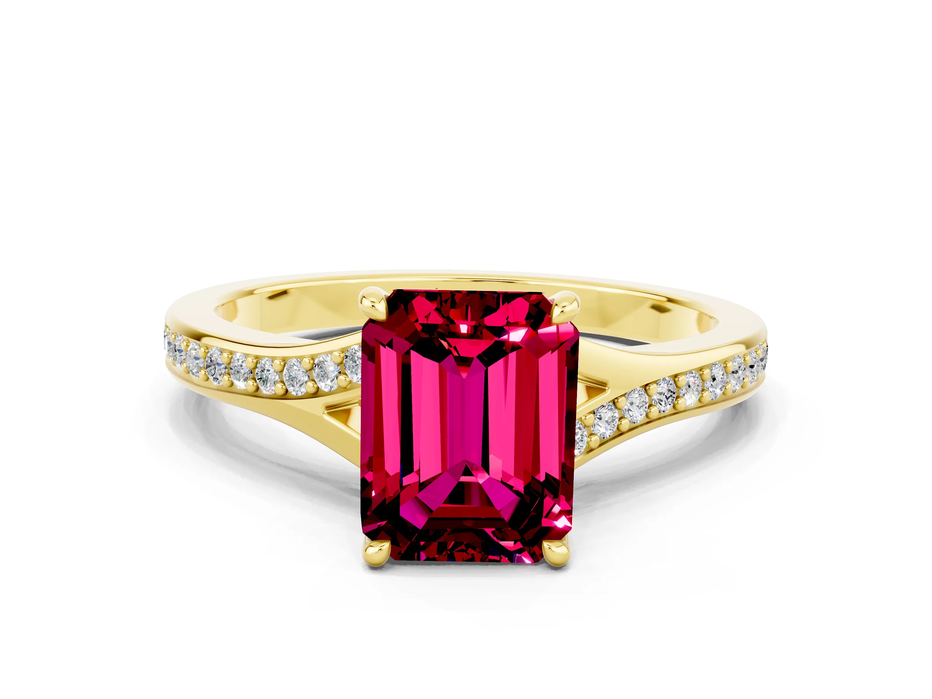 Yellow gold Emerald Cut Garnet Solitaire Ring with Pavé Band and Prong Setting