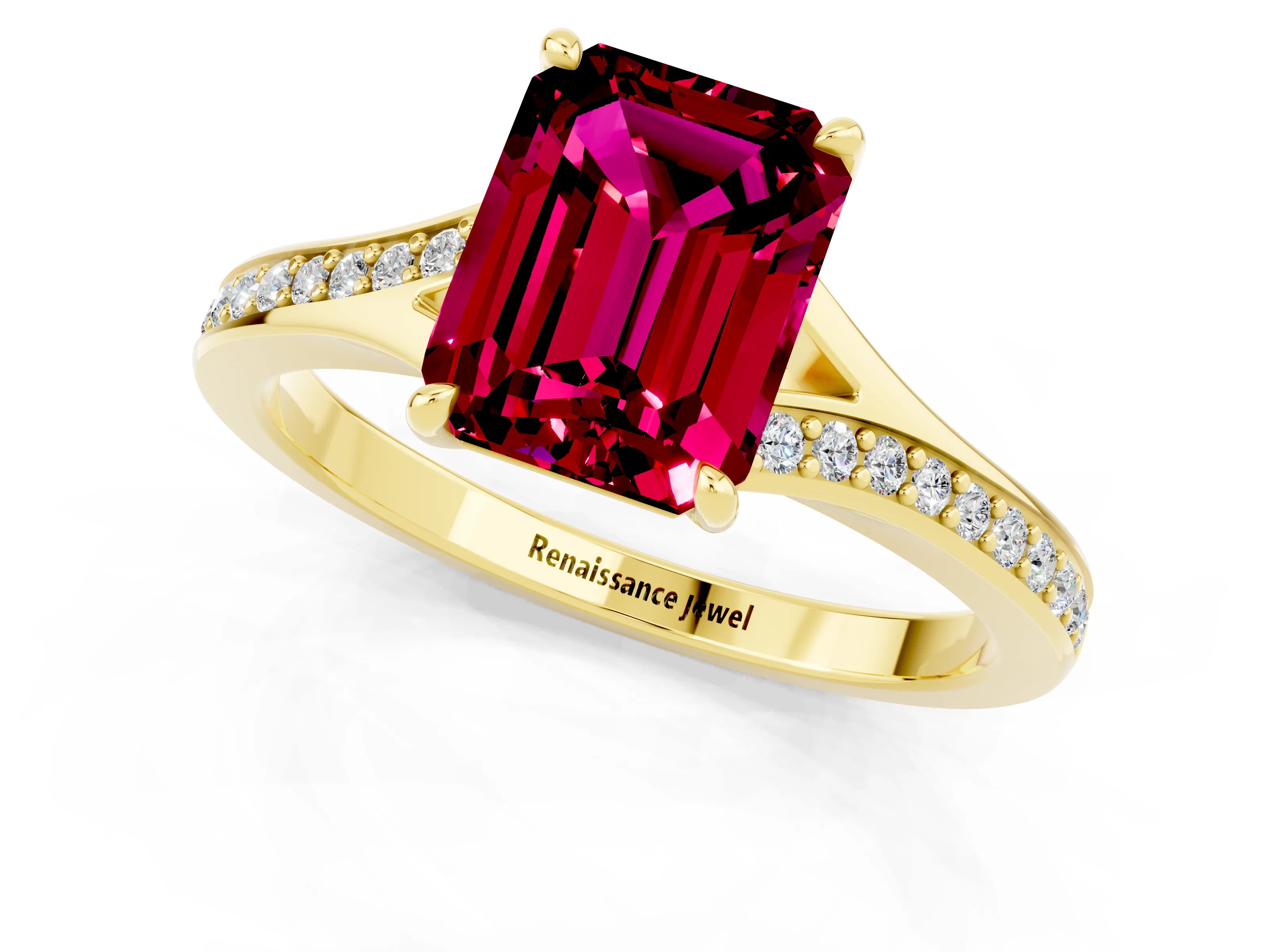 Yellow gold Emerald Cut Garnet Solitaire Ring with Pavé Band and Prong Setting_1