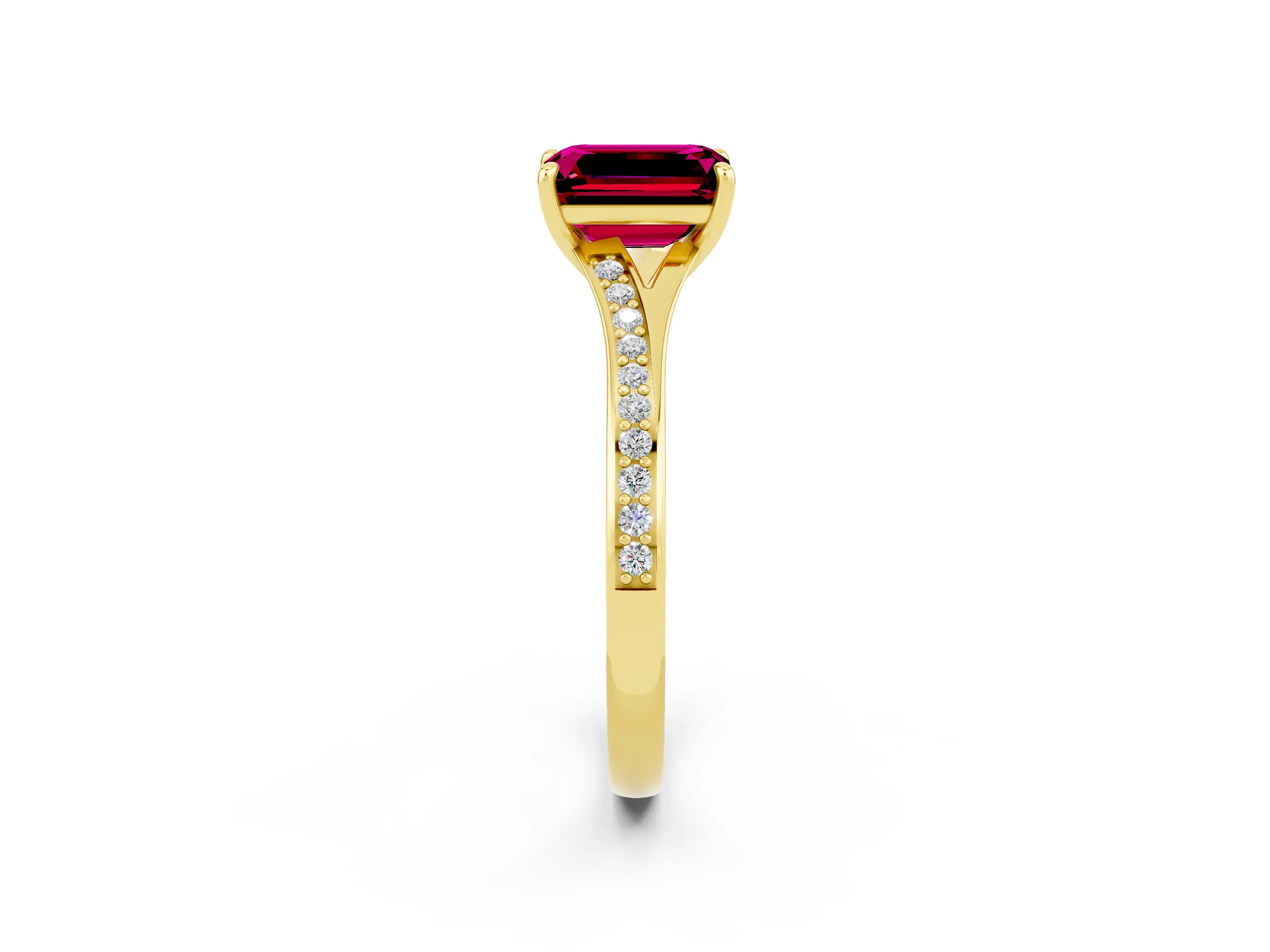 Yellow gold Emerald Cut Garnet Solitaire Ring with Pavé Band and Prong Setting_2