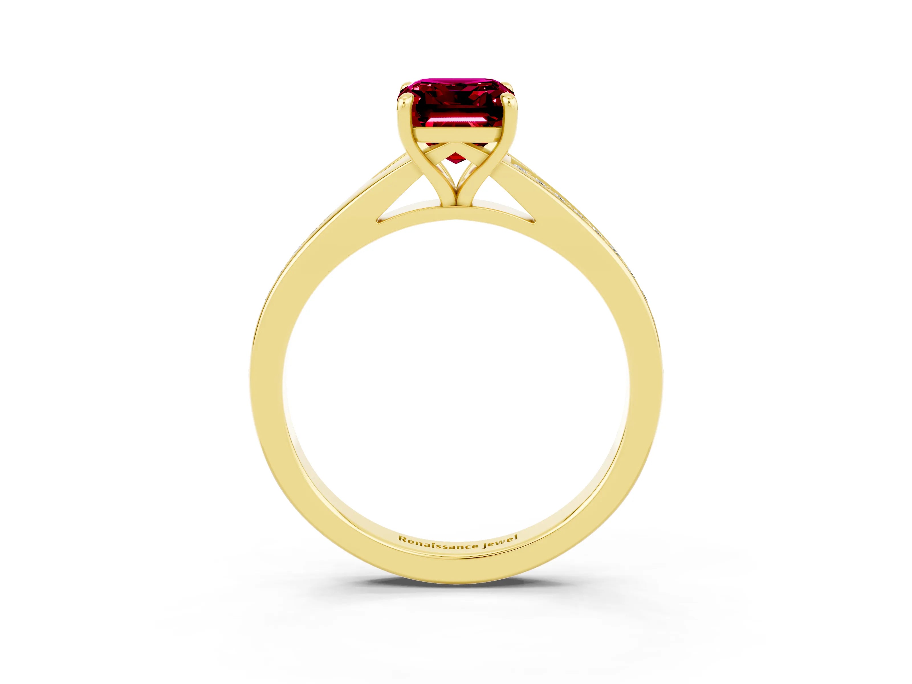 Yellow gold Emerald Cut Garnet Solitaire Ring with Pavé Band and Prong Setting_3