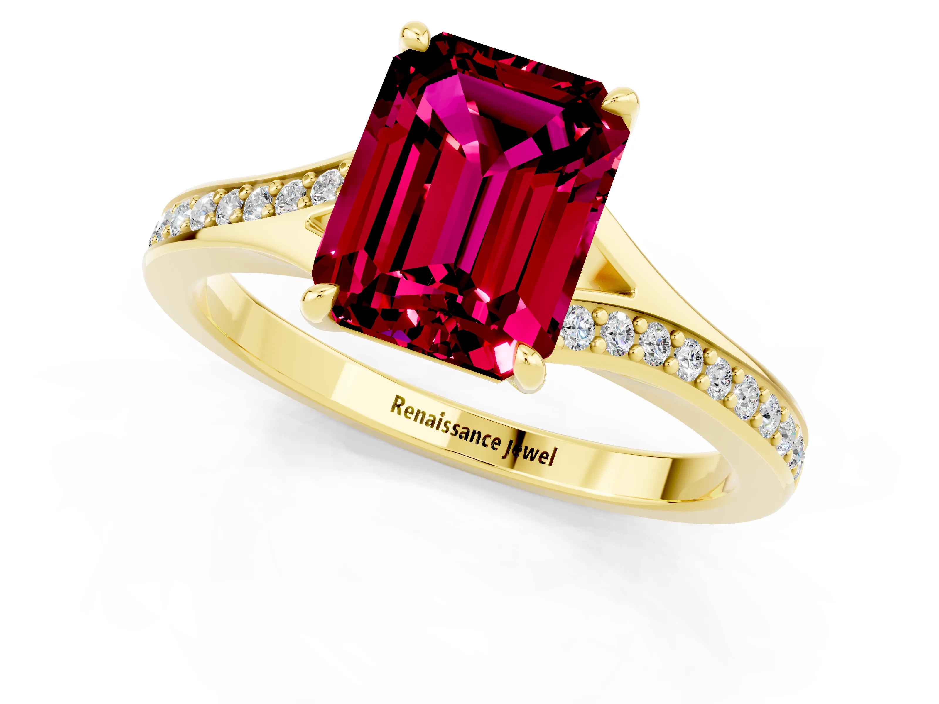 Yellow gold Emerald Cut Garnet Solitaire Ring with Pavé Band and Prong Setting_37