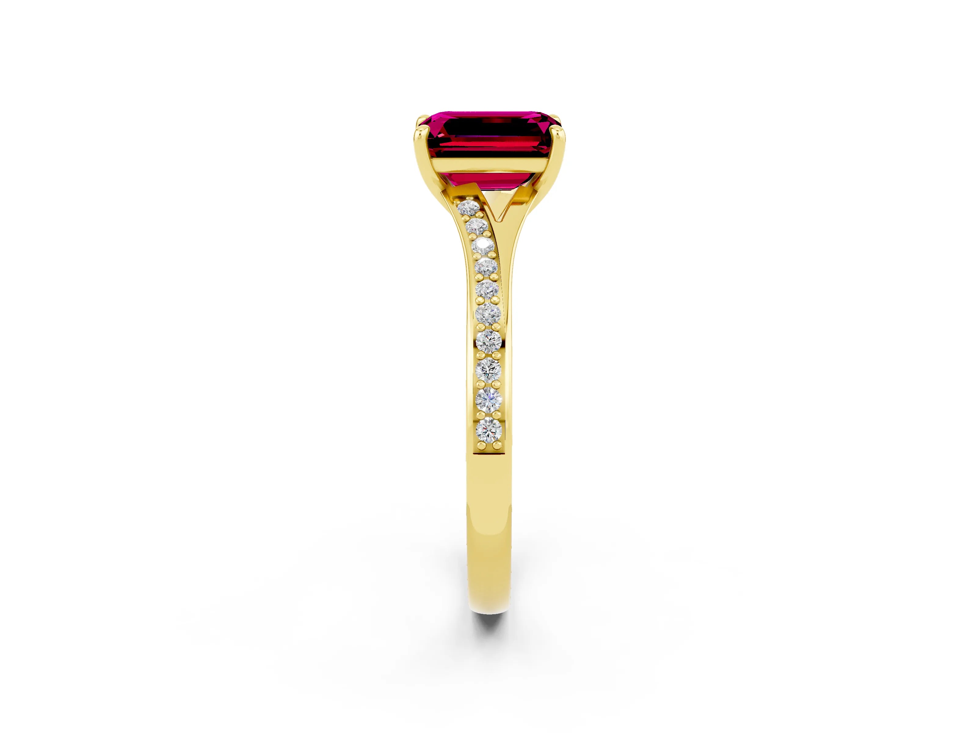 Yellow gold Emerald Cut Garnet Solitaire Ring with Pavé Band and Prong Setting_38