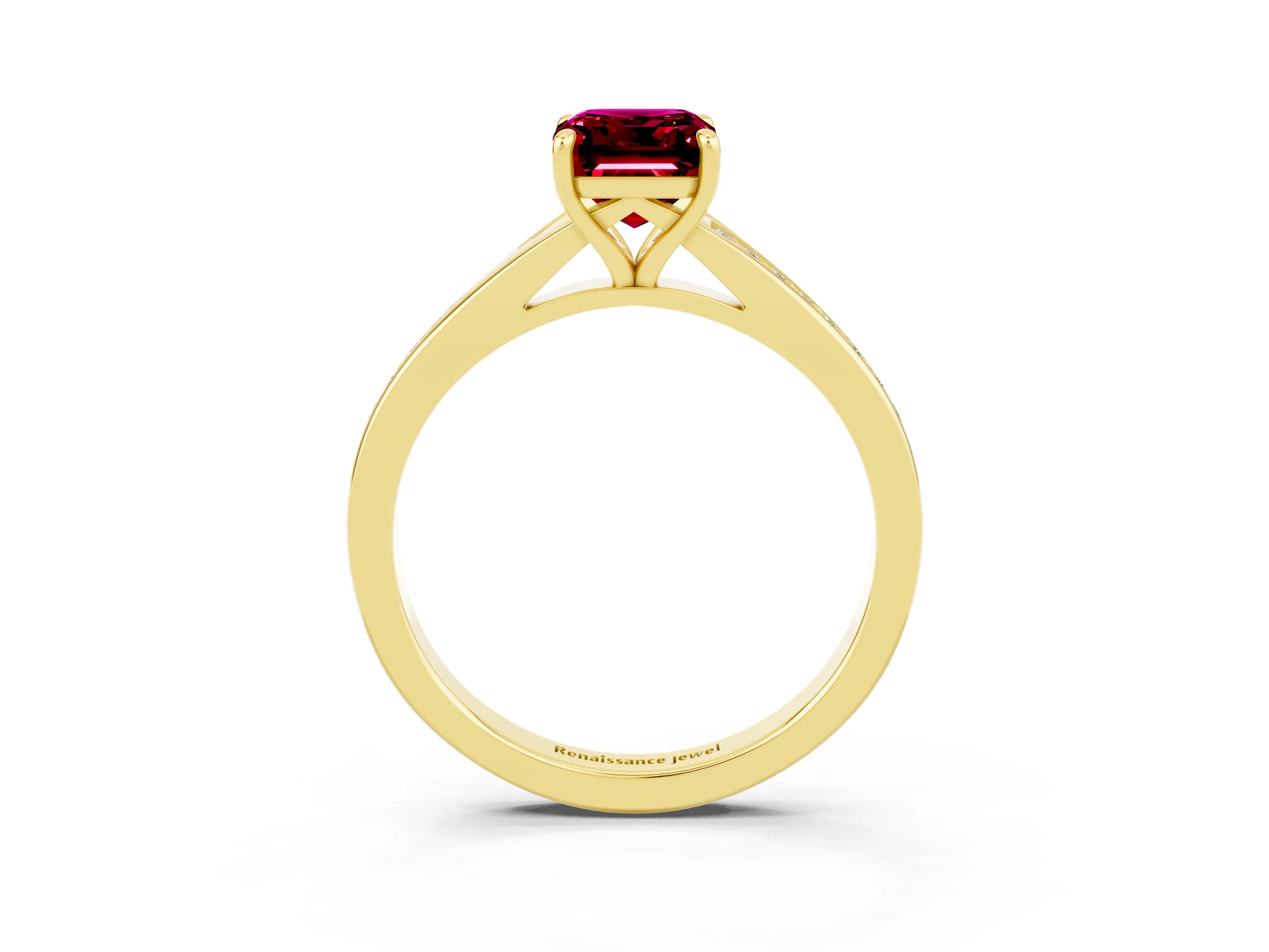 Yellow gold Emerald Cut Garnet Solitaire Ring with Pavé Band and Prong Setting_39