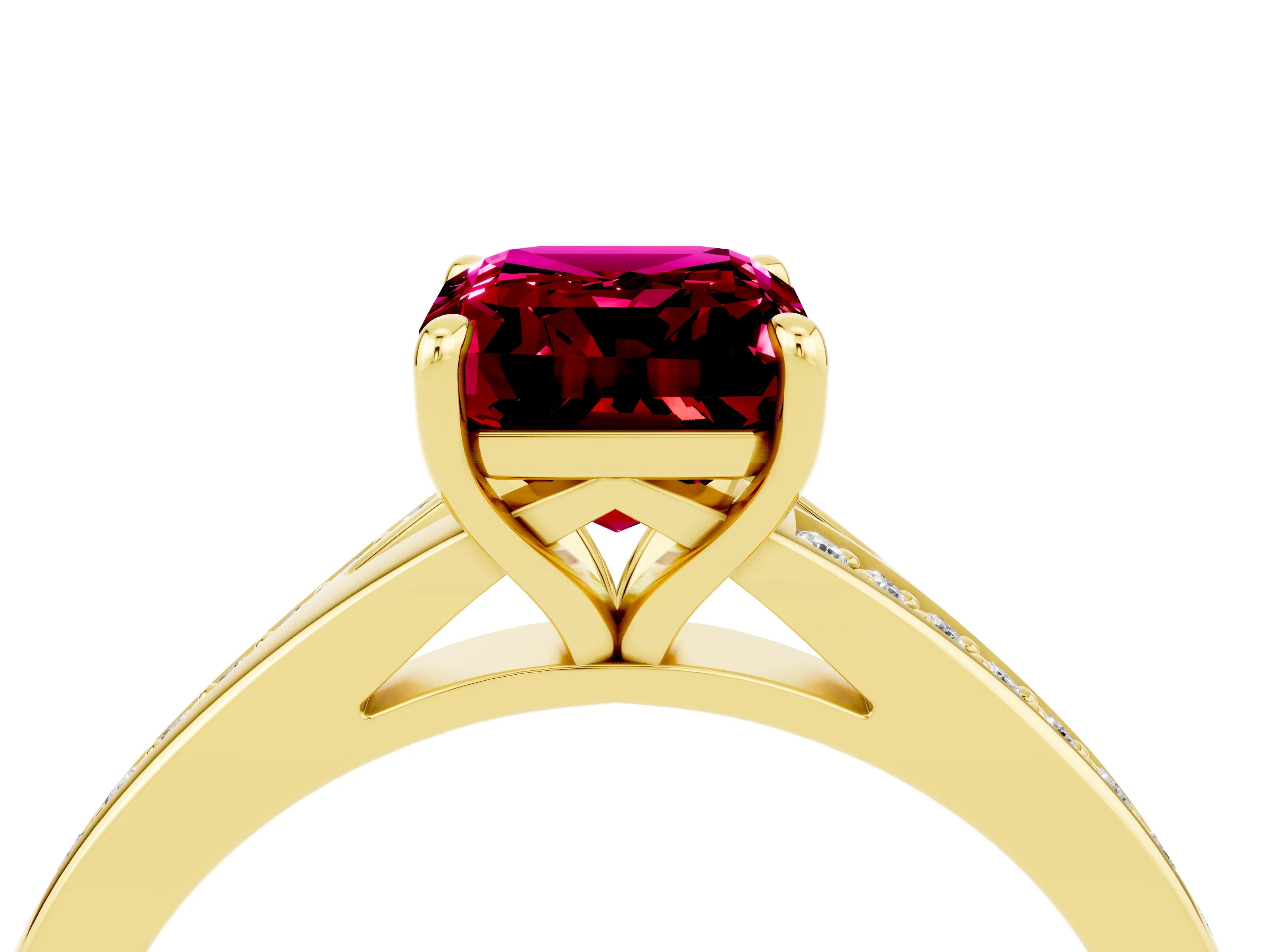 Yellow gold Emerald Cut Garnet Solitaire Ring with Pavé Band and Prong Setting_40