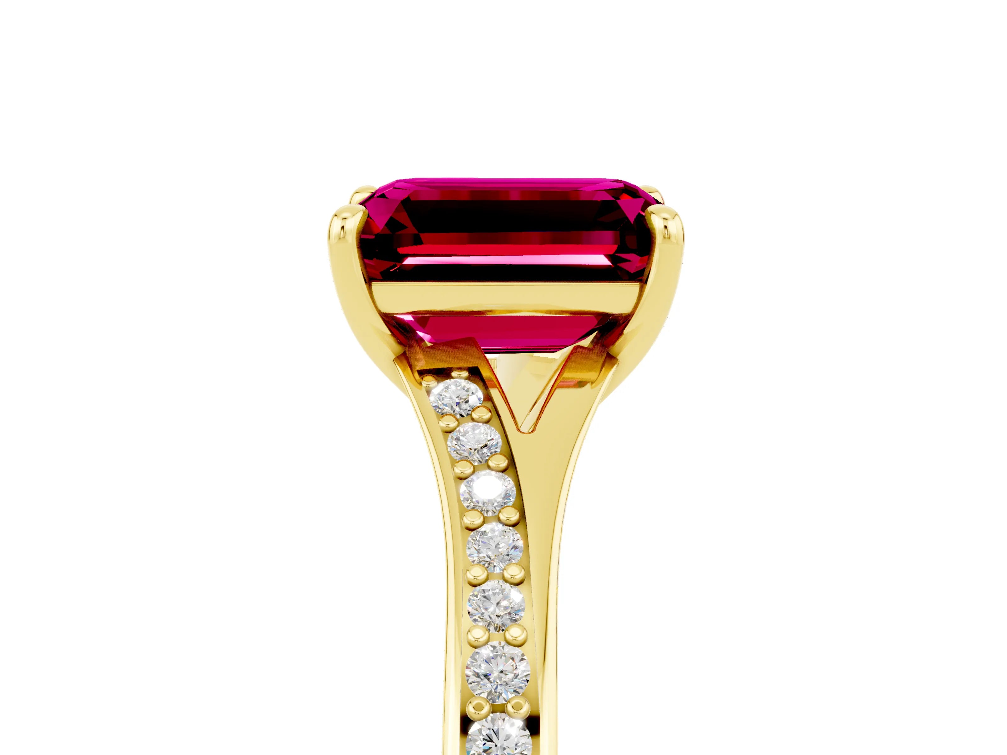 Yellow gold Emerald Cut Garnet Solitaire Ring with Pavé Band and Prong Setting_5