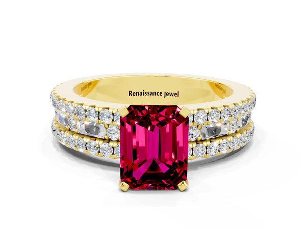 Yellow gold Emerald Cut Garnet Solitaire Ring with Pavé and Channel Set Band