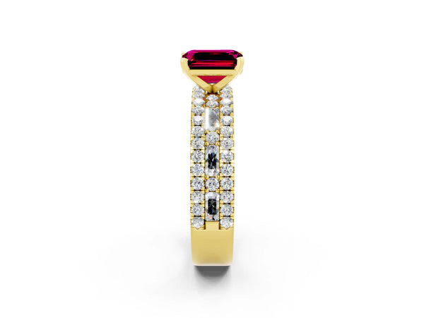 Yellow gold Emerald Cut Garnet Solitaire Ring with Pavé and Channel Set Band