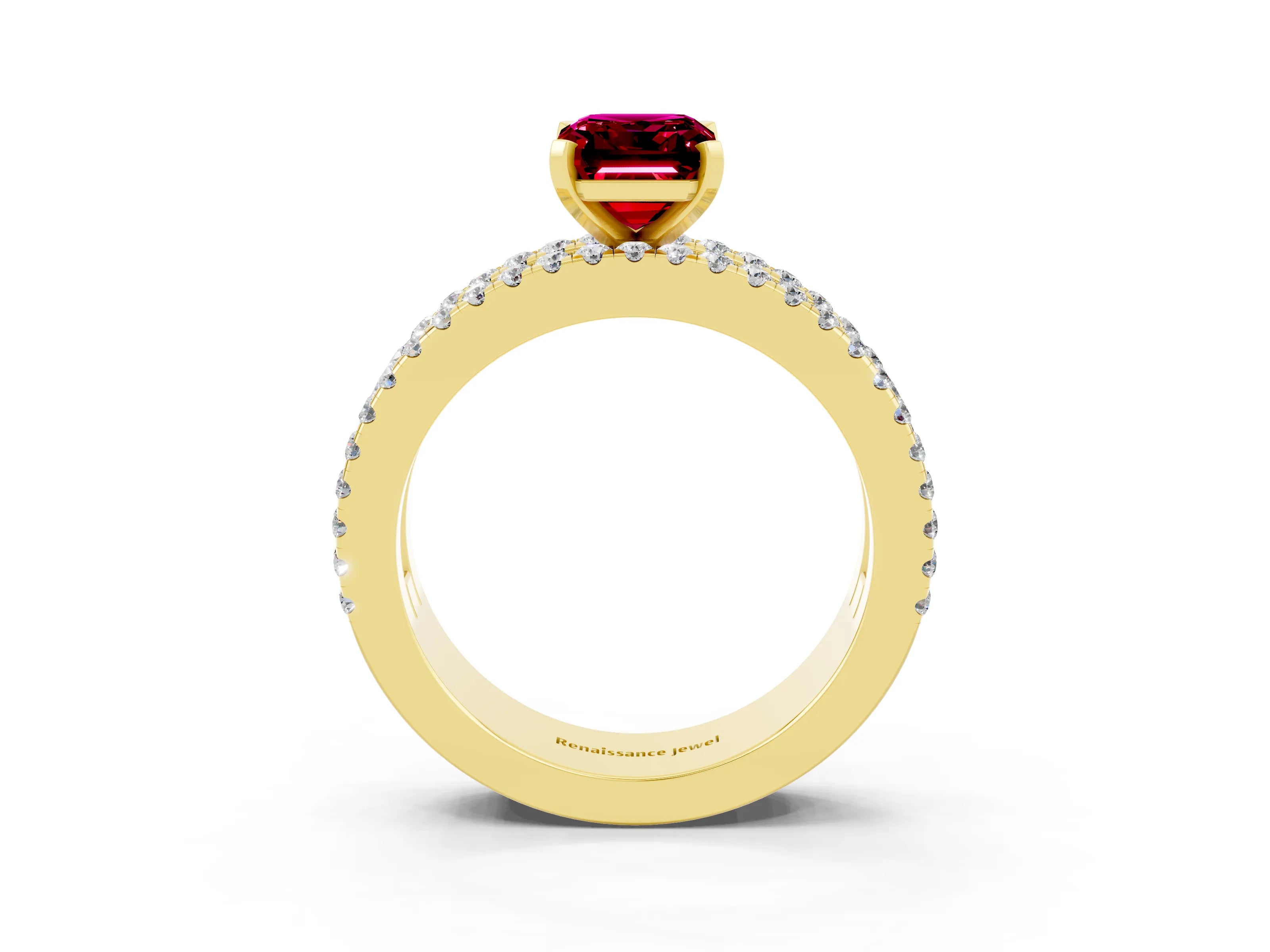 Yellow gold Emerald Cut Garnet Solitaire Ring with Pavé and Channel Set Band_3