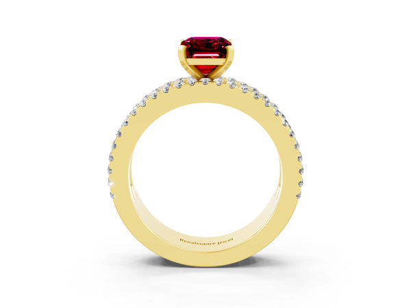 Yellow gold Emerald Cut Garnet Solitaire Ring with Pavé and Channel Set Band