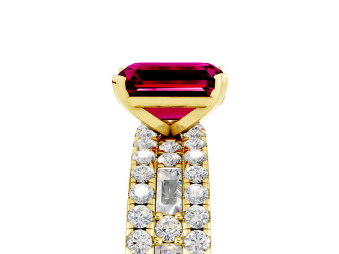 Yellow gold Emerald Cut Garnet Solitaire Ring with Pavé and Channel Set Band_5