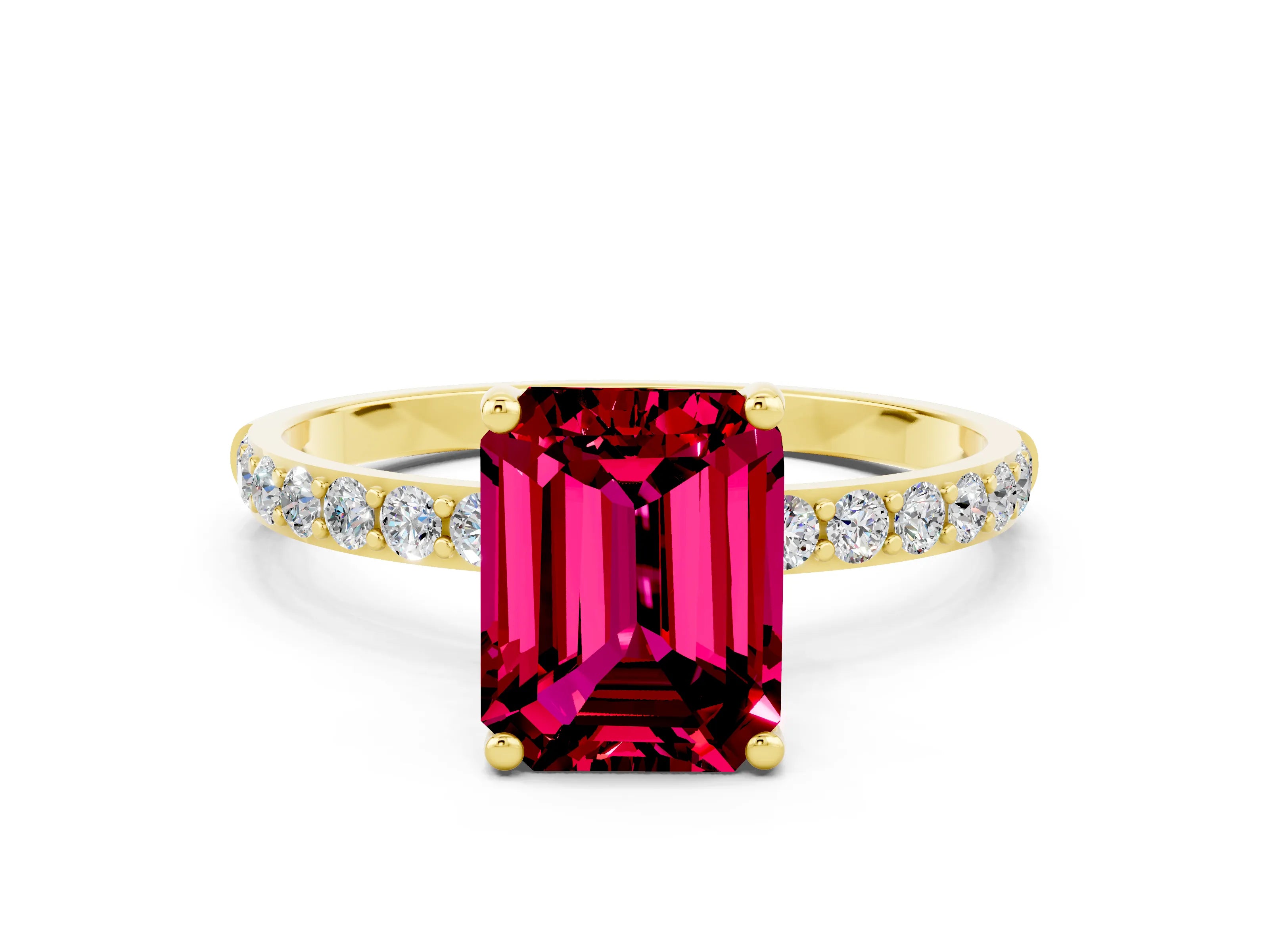 Yellow gold Emerald Cut Garnet Solitaire Ring with Pave Band and Four Prong Setting_24