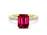 Yellow gold Emerald Cut Garnet Solitaire Ring with Pave Band and Four Prong Setting_24