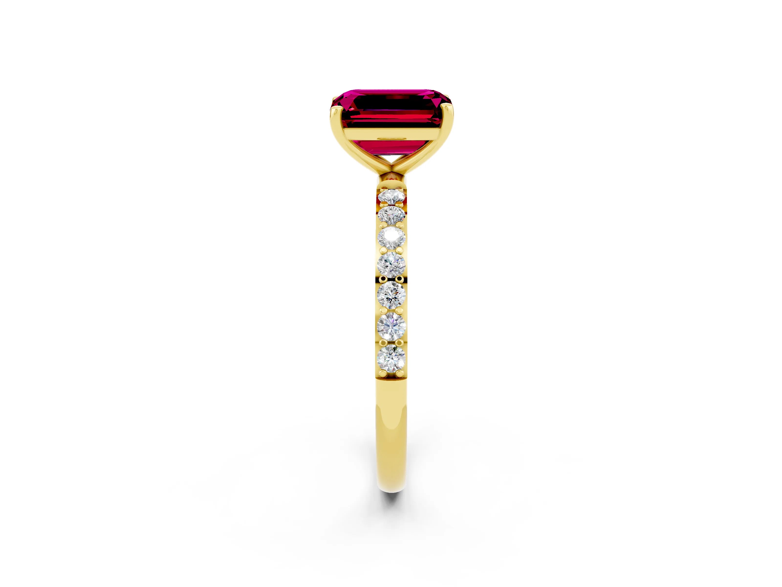 Yellow gold Emerald Cut Garnet Solitaire Ring with Pave Band and Four Prong Setting_26