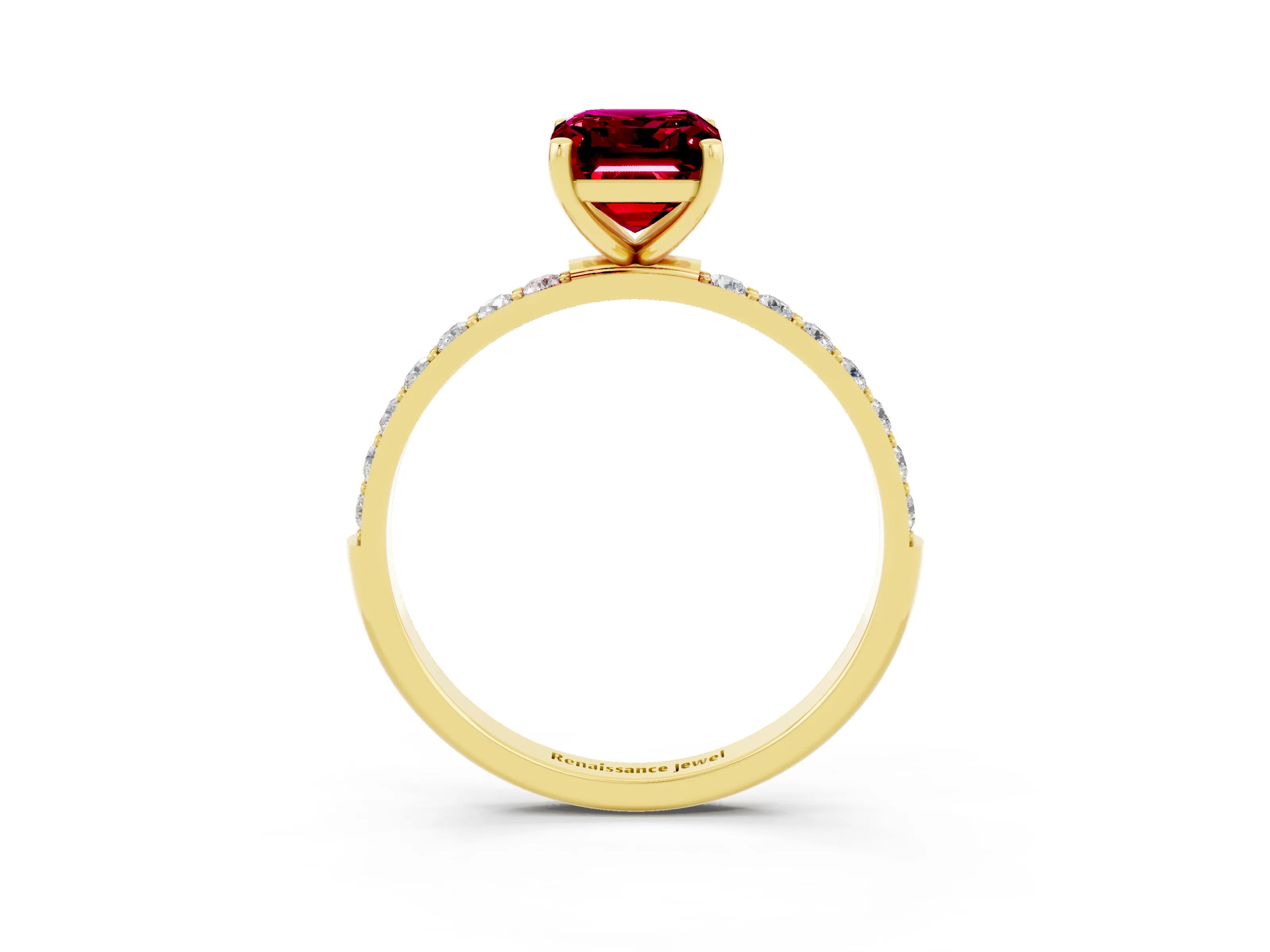 Yellow gold Emerald Cut Garnet Solitaire Ring with Pave Band and Four Prong Setting_27
