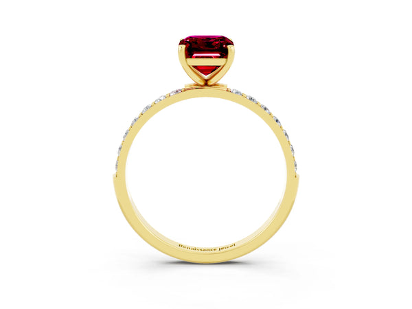 Yellow gold Emerald Cut Garnet Solitaire Ring with Round  Pavé Band and Prong Setting