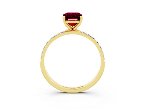 Yellow gold Emerald Cut Garnet Solitaire Ring with Pave Band and Four Prong Setting_27