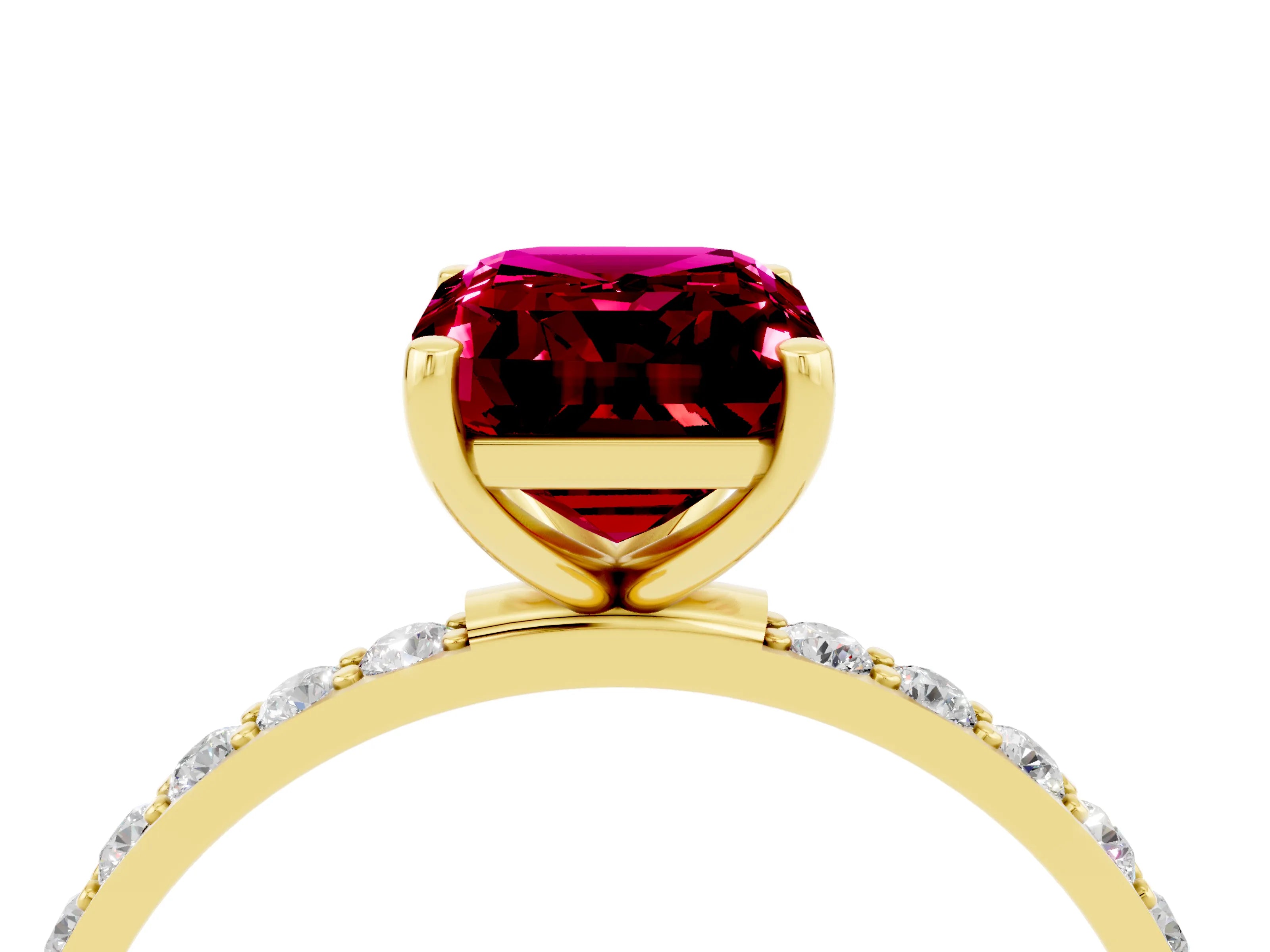 Yellow gold Emerald Cut Garnet Solitaire Ring with Pave Band and Four Prong Setting_28