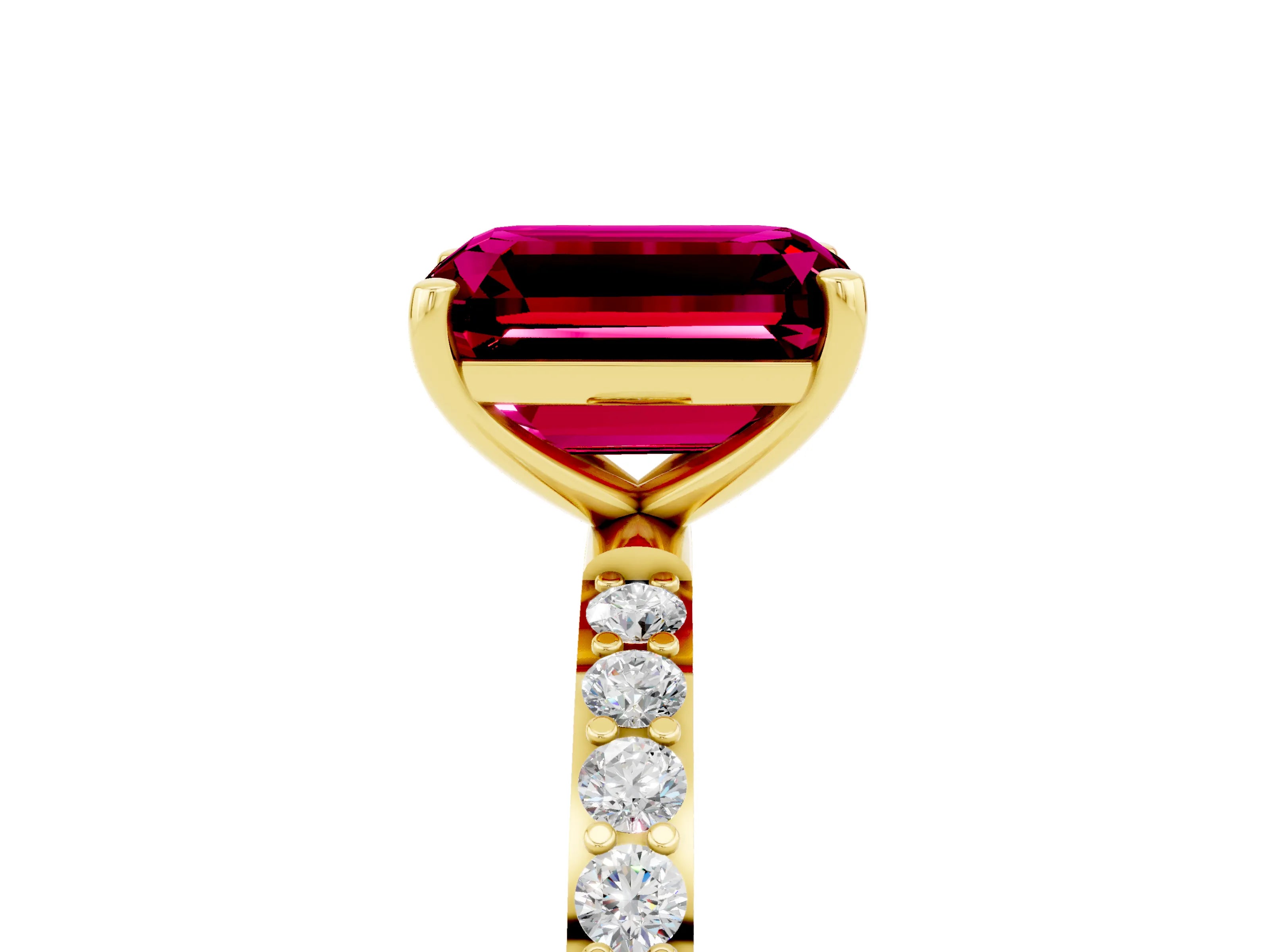 Yellow gold Emerald Cut Garnet Solitaire Ring with Pave Band and Four Prong Setting_29