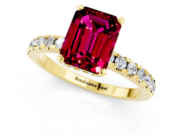 Yellow gold Emerald Cut Garnet Solitaire Ring with Round  Pavé Band and Four-Prong Setting