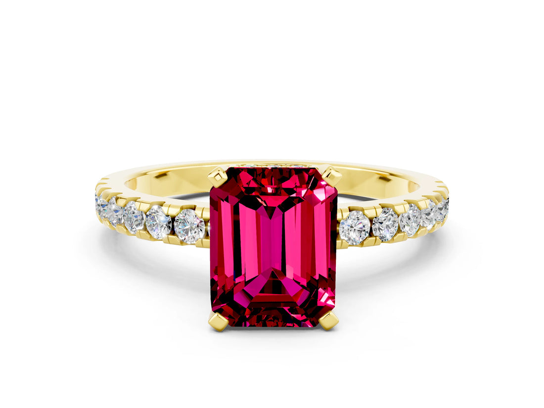 Yellow gold Emerald Cut Garnet Solitaire Ring with Round  Pavé Band and Four-Prong Setting_36