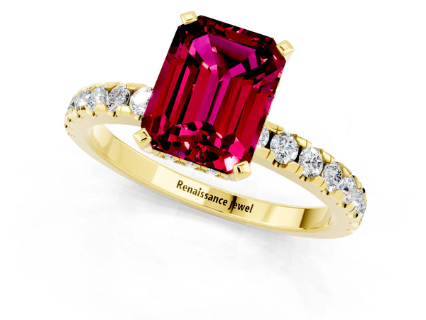 Yellow gold Emerald Cut Garnet Solitaire Ring with Round Pavé Band and Four-Prong Setting