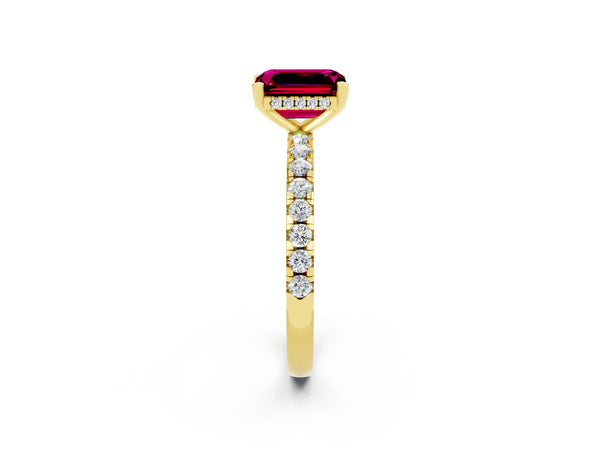 Yellow gold Emerald Cut Garnet Solitaire Ring with Round Pavé Band and Four-Prong Setting