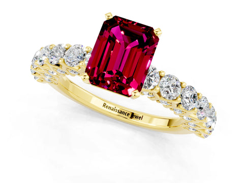 Yellow gold Emerald Cut Garnet Solitaire Ring with Shared Prong Pavé Band and Four-Prong Setting_1