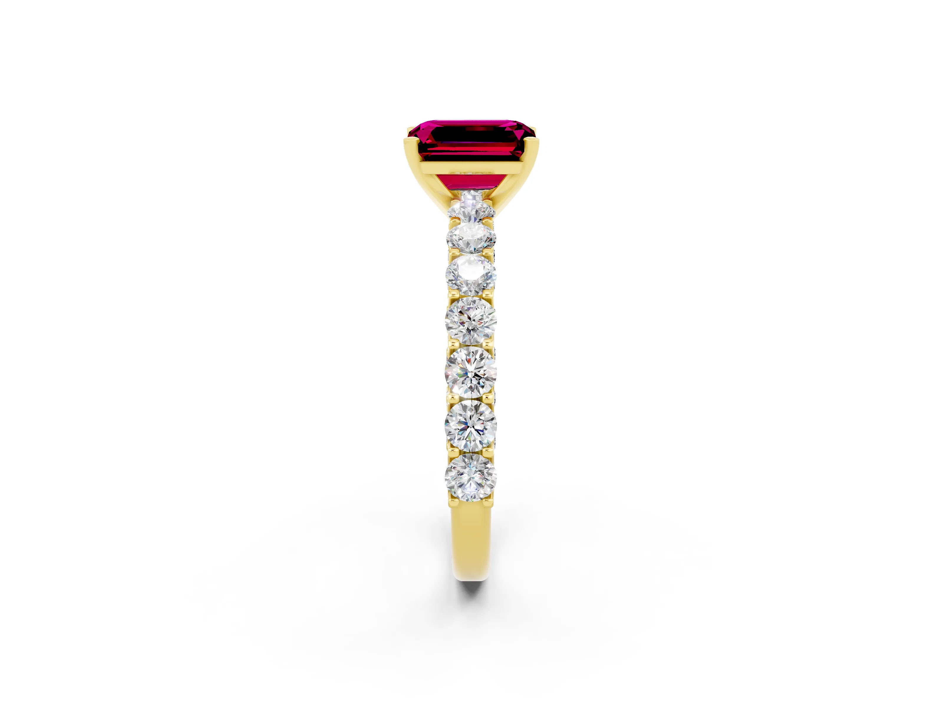 Yellow gold Emerald Cut Garnet Solitaire Ring with Shared Prong Pavé Band and Four-Prong Setting_2