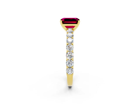 Yellow gold Emerald Cut Garnet Solitaire Ring with Shared Prong Pavé Band and Four-Prong Setting_2