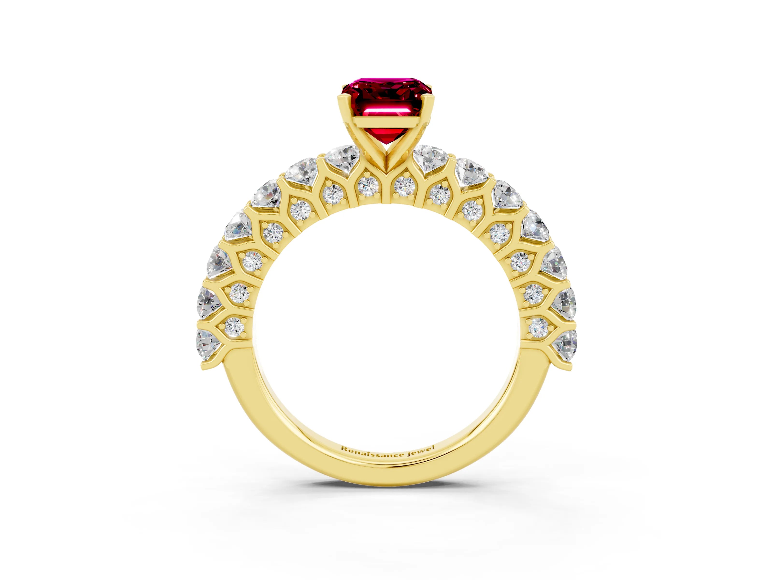 Yellow gold Emerald Cut Garnet Solitaire Ring with Shared Prong Pavé Band and Four-Prong Setting_3