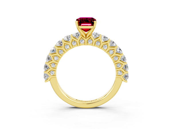 Yellow gold Emerald Cut Garnet Solitaire Ring with Shared Prong Pavé Band and Four-Prong Setting