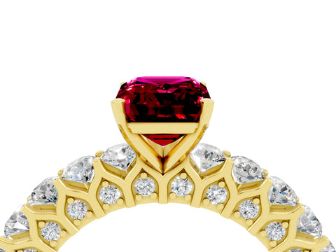 Yellow gold Emerald Cut Garnet Solitaire Ring with Shared Prong Pavé Band and Four-Prong Setting_4