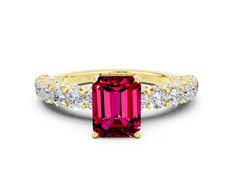 Yellow gold Emerald Cut Garnet Solitaire Ring with Shared Prong Pavé Band and Four-Prong Setting