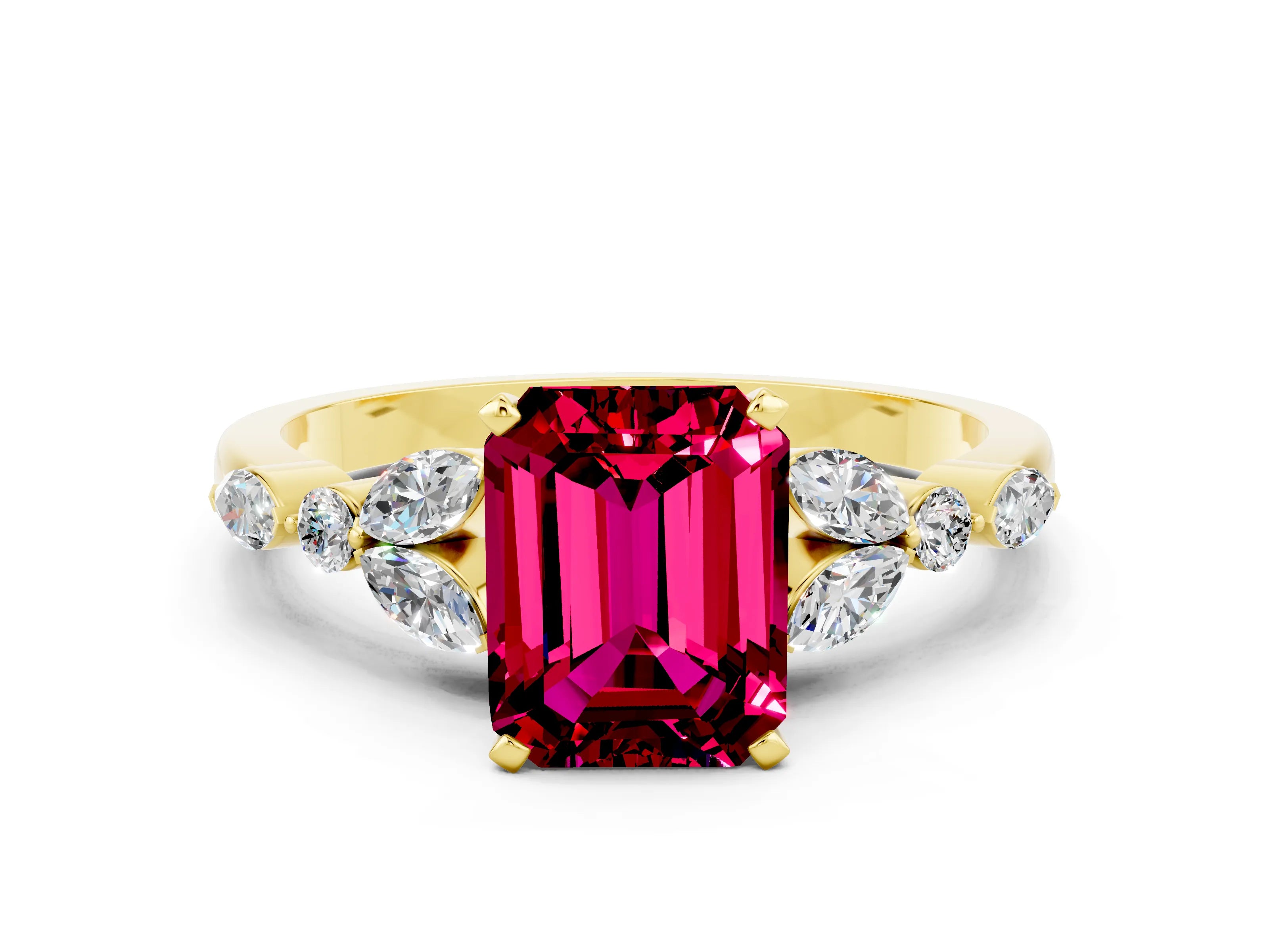 Yellow gold Emerald Cut Garnet Solitaire Ring with Side Stones and Four-Prong Setting_12
