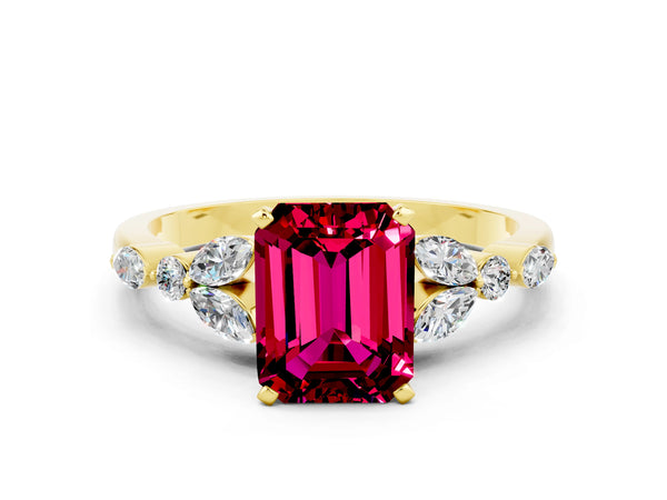 Yellow gold Emerald Cut Garnet Solitaire Ring with Side Stones and Four-Prong Setting
