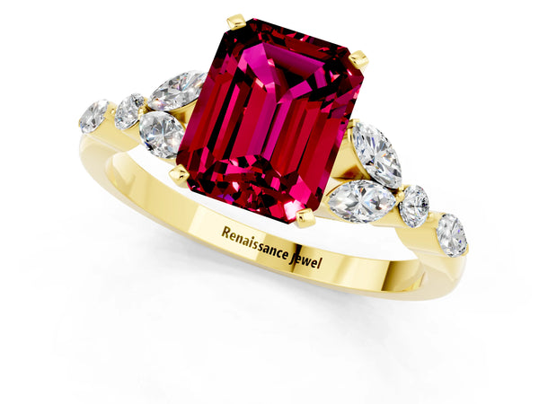 Yellow gold Emerald Cut Garnet Solitaire Ring with Side Stones and Four-Prong Setting